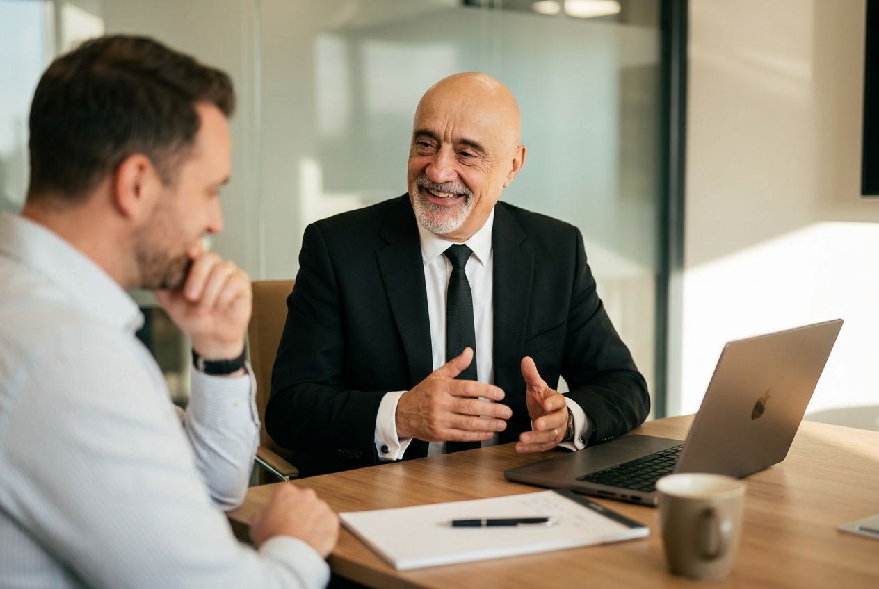 Essential Systems founder in a client meeting, discussing how to streamline business operations